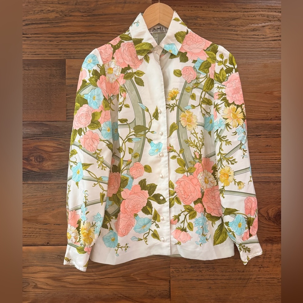 HERMÈS 100% Silk Floral Blouse Shirt EUC - Picture 2 of 12